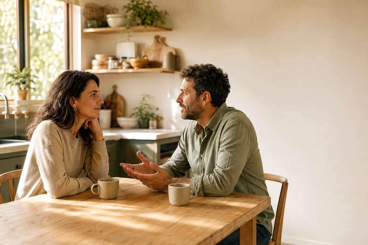 Pareja conversando frente a frente en la mesa de la cocina, escuchándose con atención