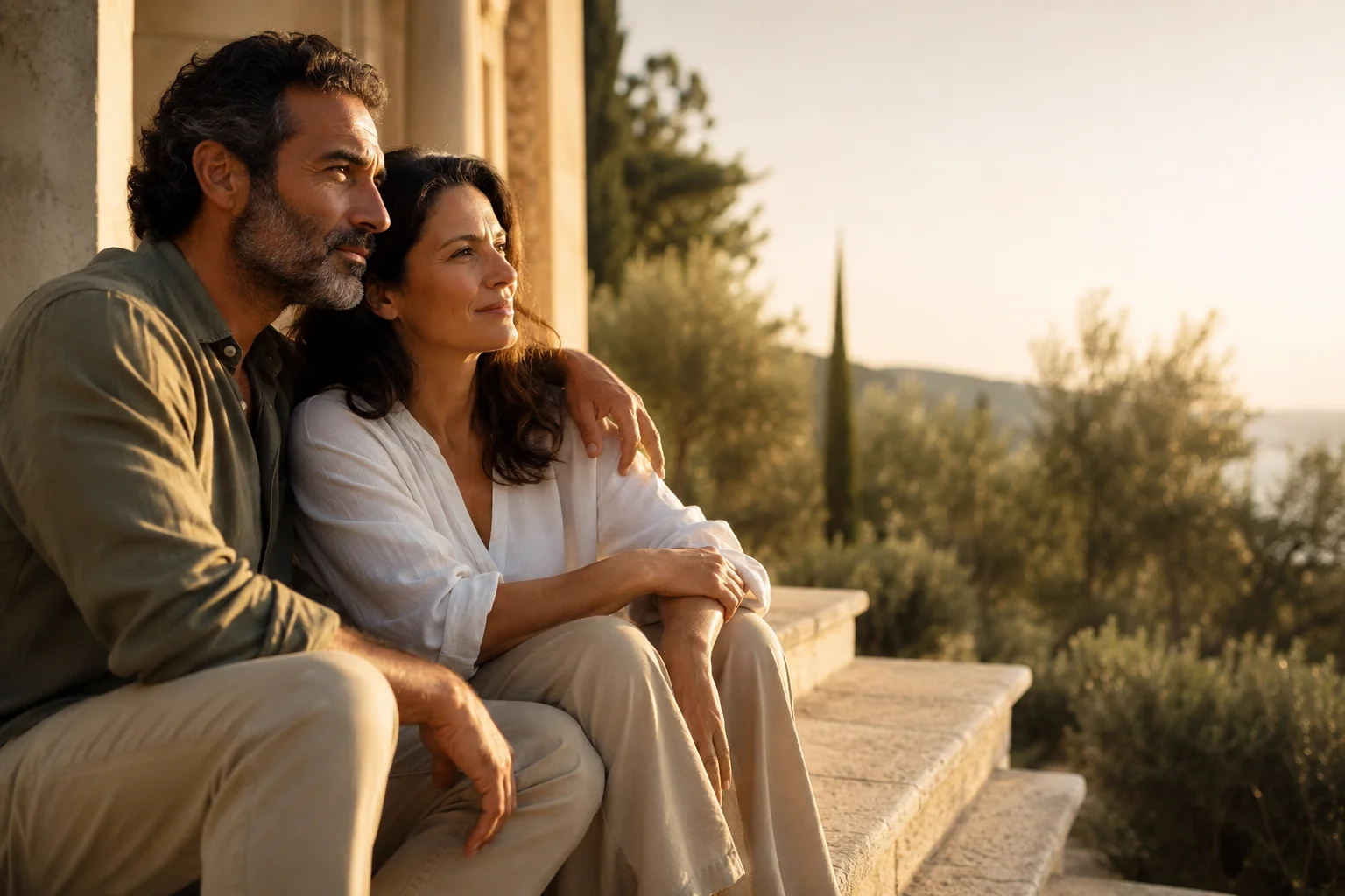 Pareja sentada en los escalones de un porche al atardecer, uno rodeando al otro con el brazo