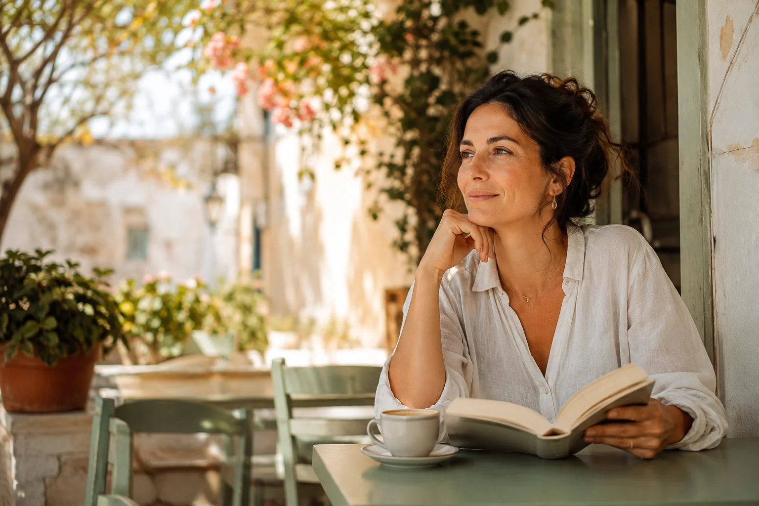 Mujer leyendo sola y a gusto en la terraza de una cafetería luminosa, con un café en la mesa