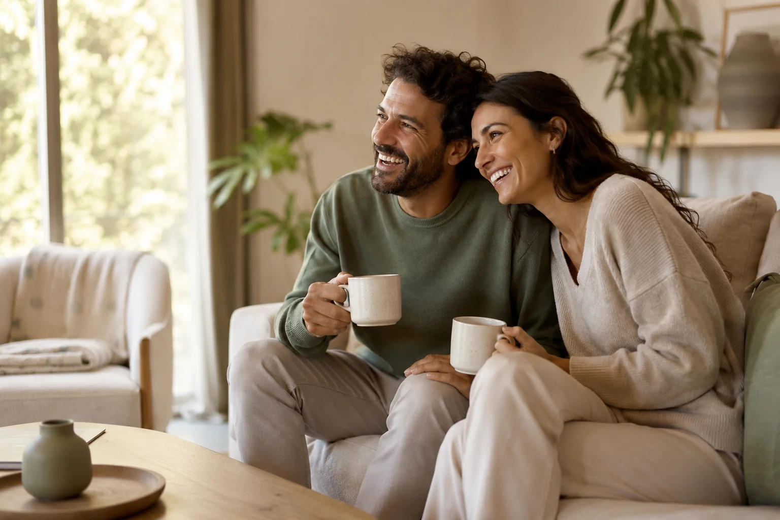 Pareja joven riendo junta en el sofá de casa mientras comparten un café, con una manta de bebé al fondo