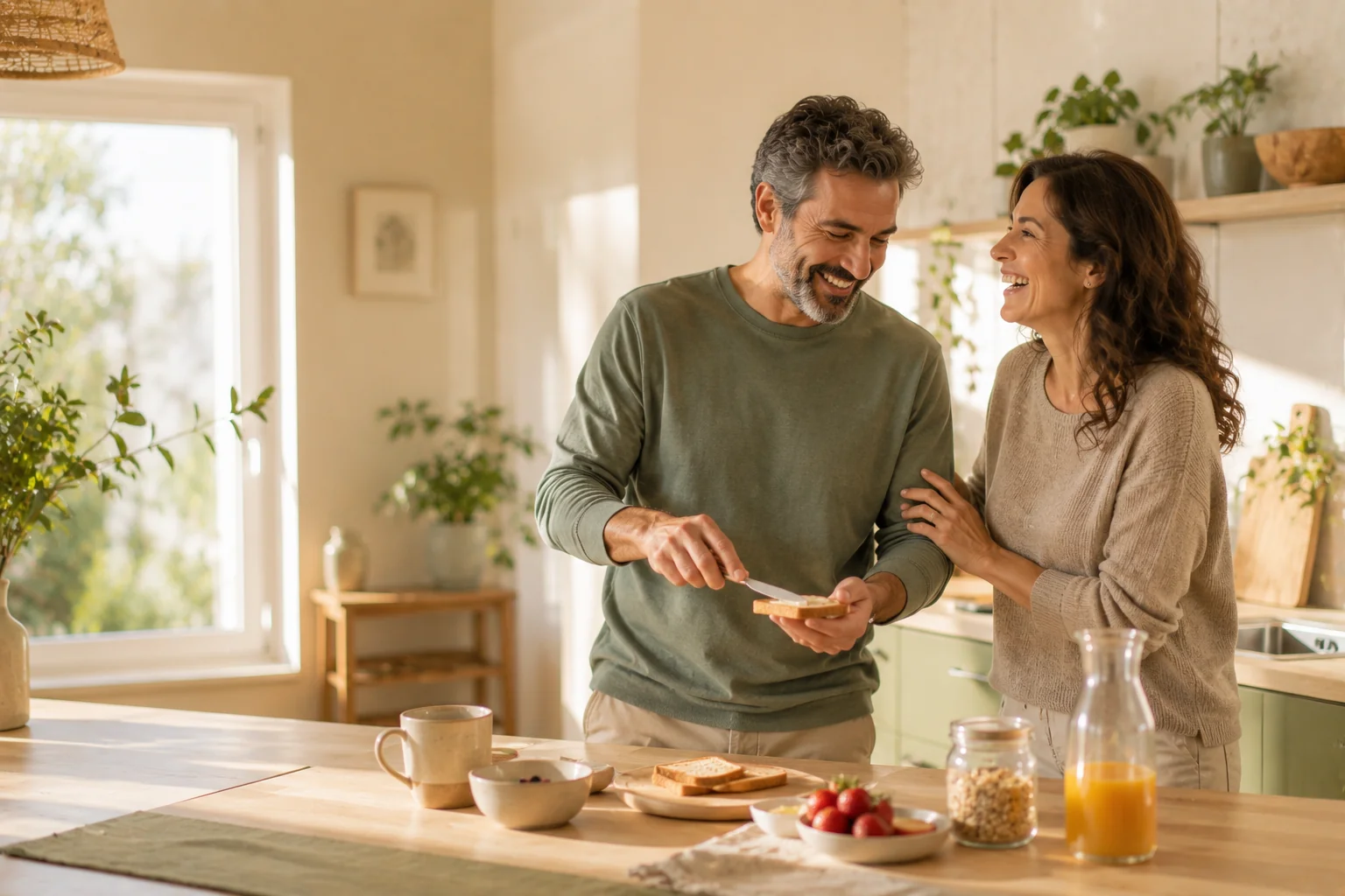 Pareja de unos cincuenta años riendo mientras prepara el desayuno en la cocina de casa