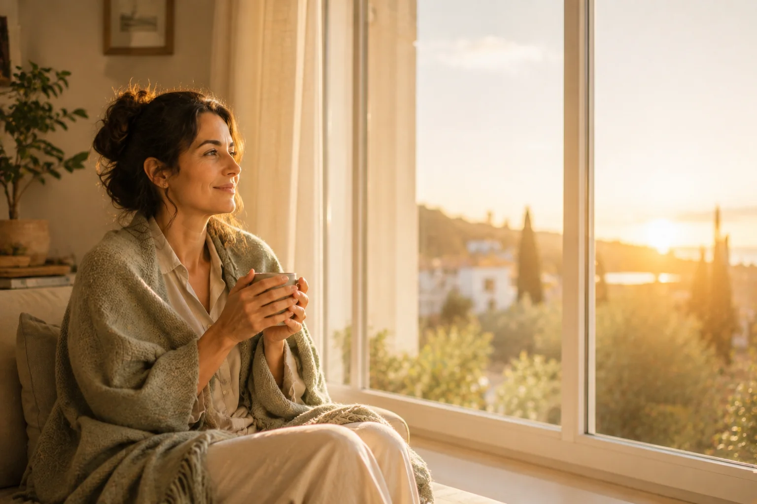 Persona envuelta en una manta junto a la ventana al amanecer, con una taza entre las manos
