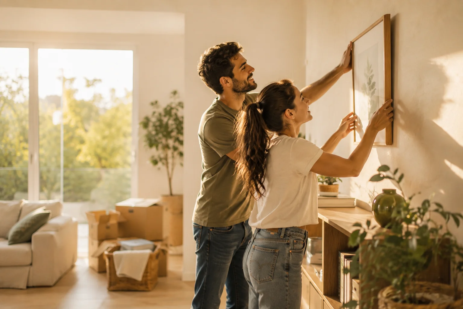 Pareja joven colgando juntos una estantería en el salón de su casa nueva