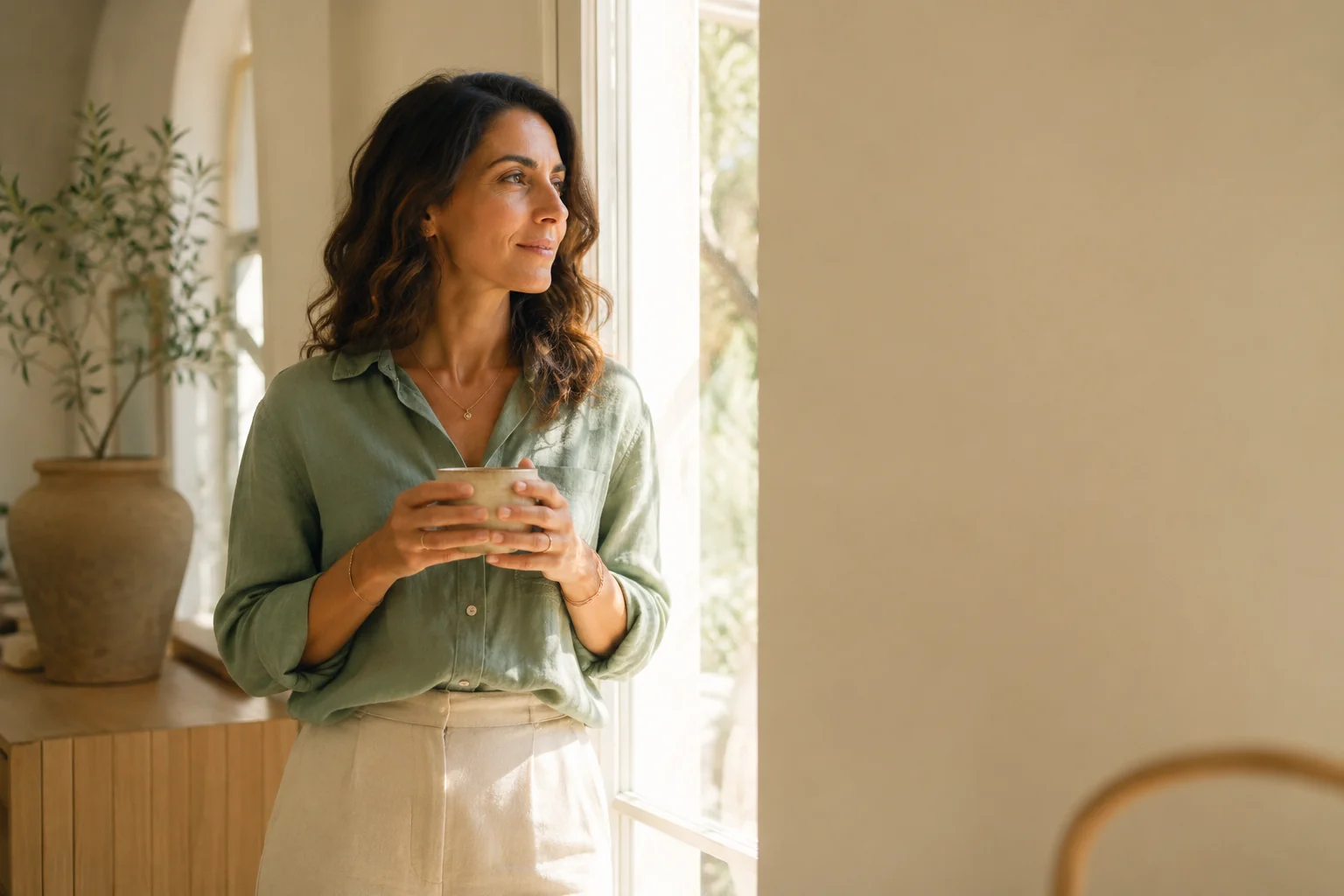 Mujer de pie junto a una ventana luminosa, con gesto sereno, sosteniendo una taza con las dos manos