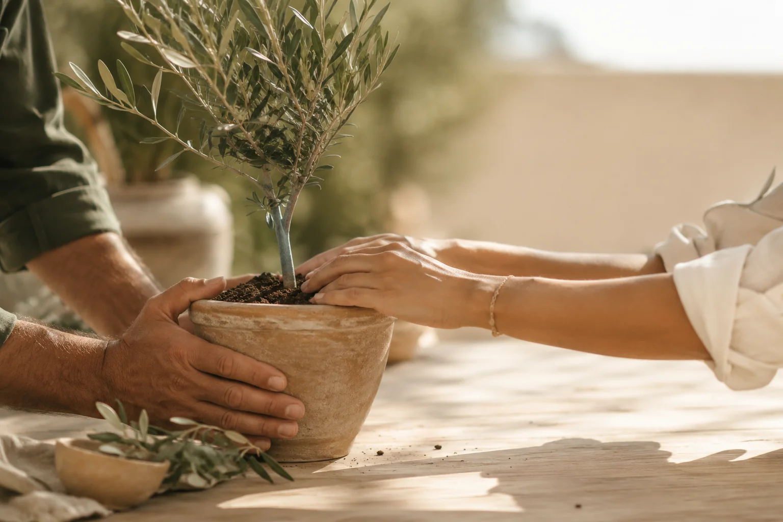 Manos de dos personas cuidando juntas una planta sobre una mesa de madera clara